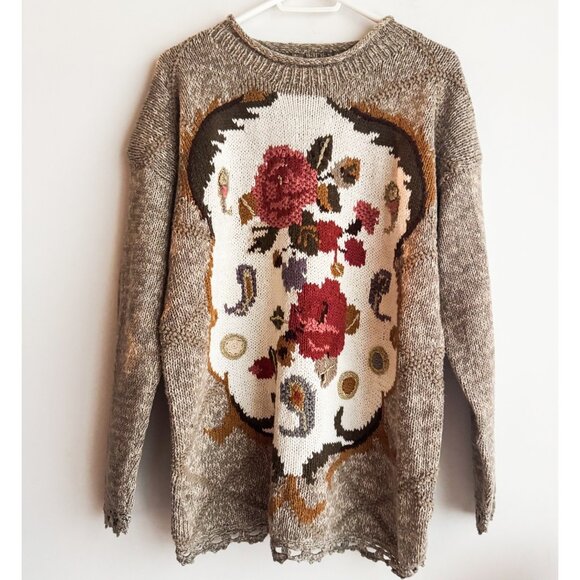 Vintage Bianca Ramie Cotton Floral Grandma Core Pullover Sweater M - Picture 1 of 6